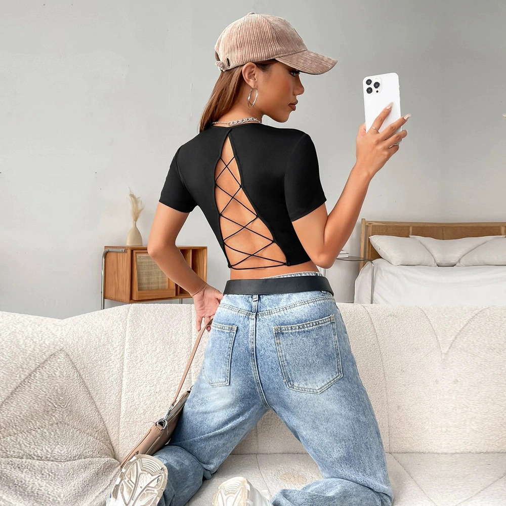ZARA Spring Summer Backless Short Sleeve Crop Top Slim Fit Knit American Tee